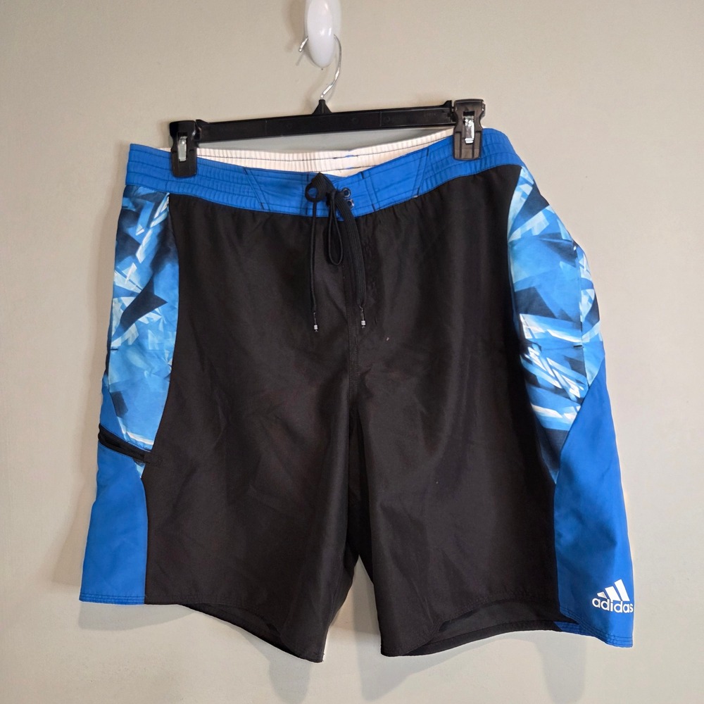 Adidas Mens 40 Swim Board Shorts Blue Black Geometric Graphic Pocket Trunks Surf